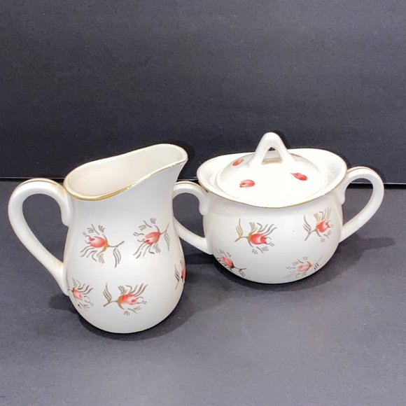 Vintage Japan Hand Painted Creamer & Sugar Pink Rosebuds Gold Trim - Picture 1 of 5